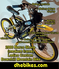 Custom made to order Womens electric downhill mountain bike by Pinnacle Innovations side view showing the Hope 2 piston downhill brakes, 24 inch wheelset and the Bafang 750 Watt mid mount electric motor kit and display with 20 Amp hour lithium ion 51 Volt battery.
