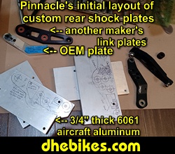 Pinnacle Innovations picture showing initial paper drawings and original suspension plates of the Norco custom downhill rear suspension linkage plates made from 6061 aircraft aluminum.
