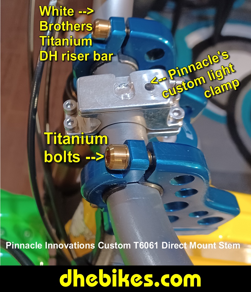 Pinnacle Innovations picture showing the custom made dual clamp high rise shorty stem and custom light mount made from 6061 aircraft aluminum for a Norco custom electric downhill bike.
